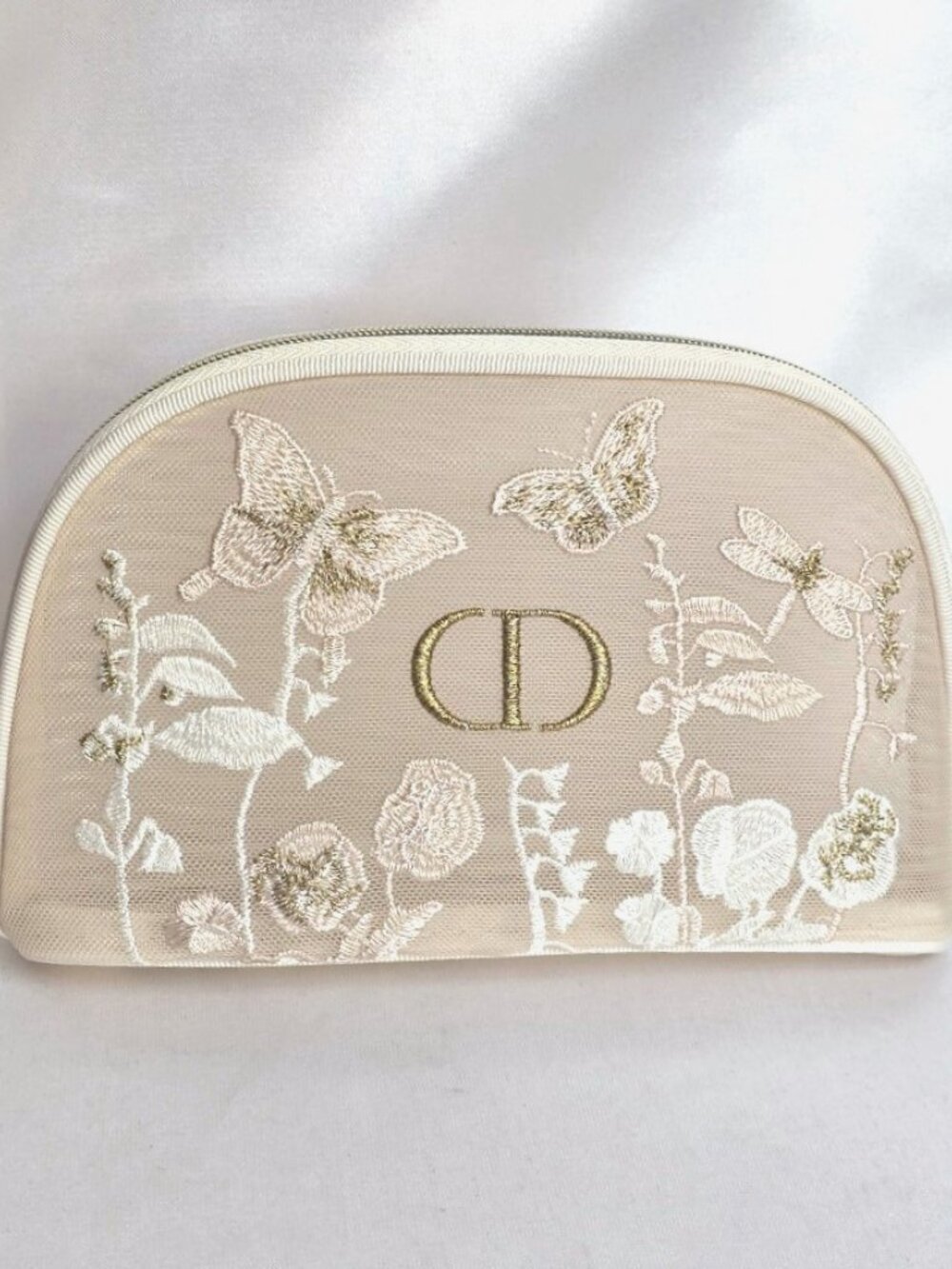 Dior Beige Embroidered Mesh Makeup Bag Case + Free Beauty Gift Authentic & New